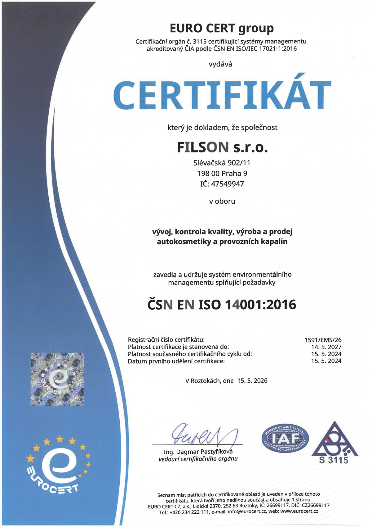 Certifikát ISO 14001:2016