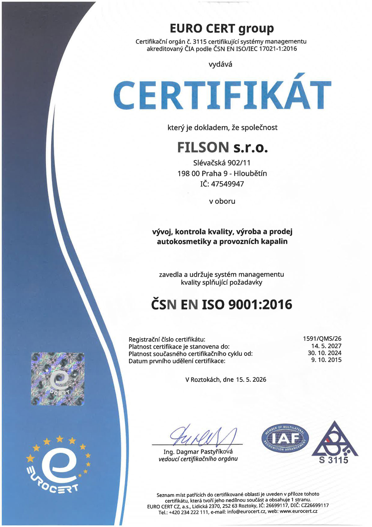 Certifikát ISO 9001:2016