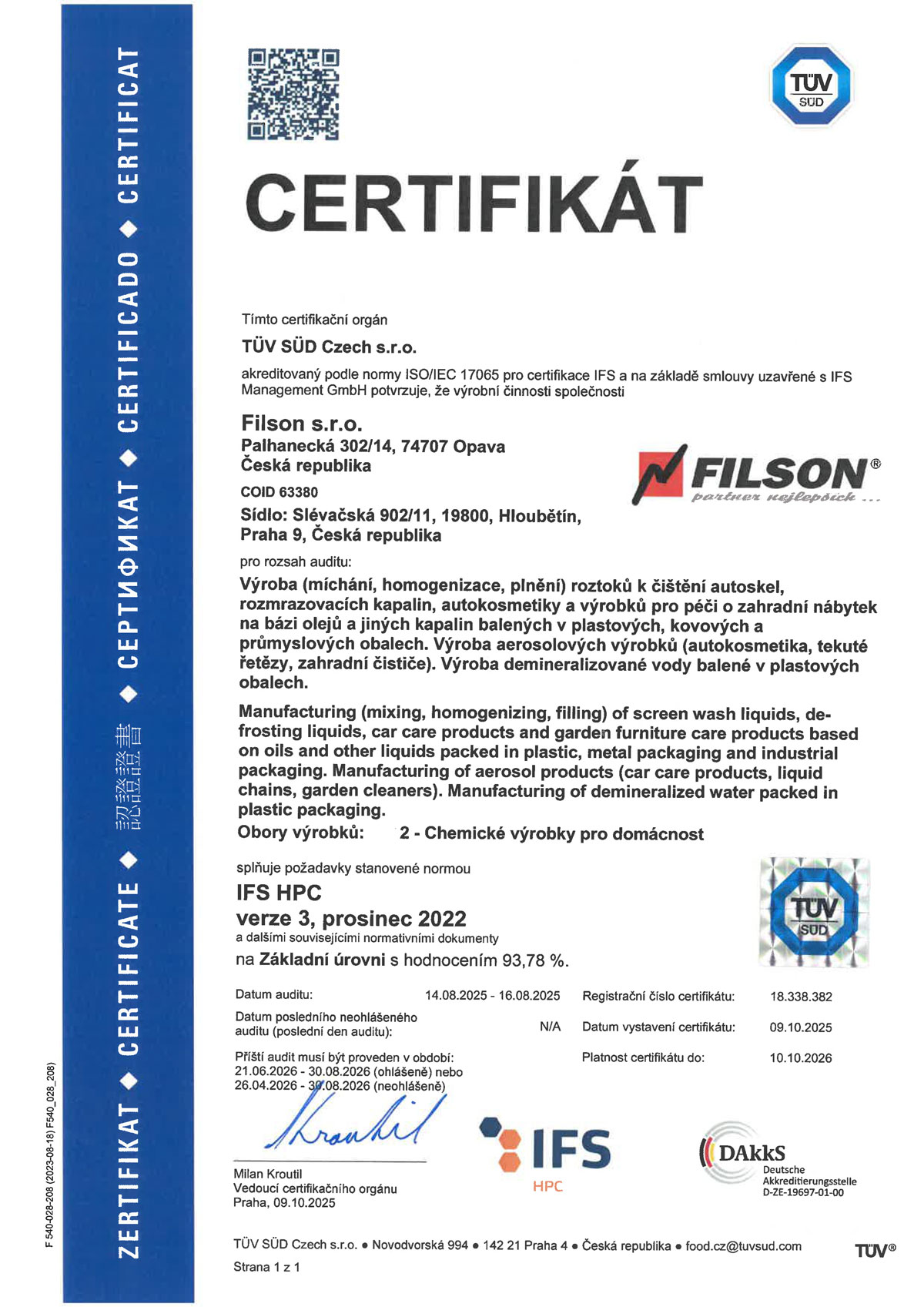 Certifikát IFS HPC Filson Opava