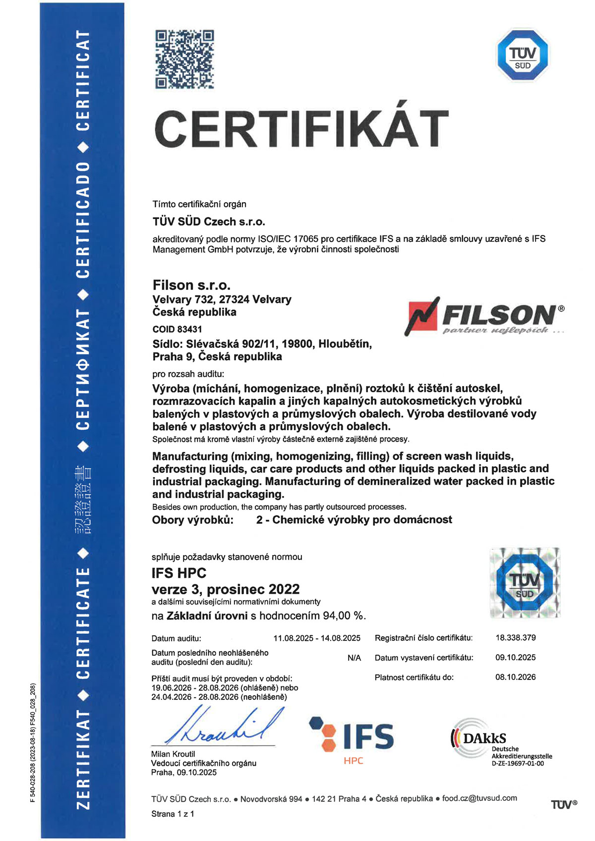 Certifikát IFS HPC Filson Velvary